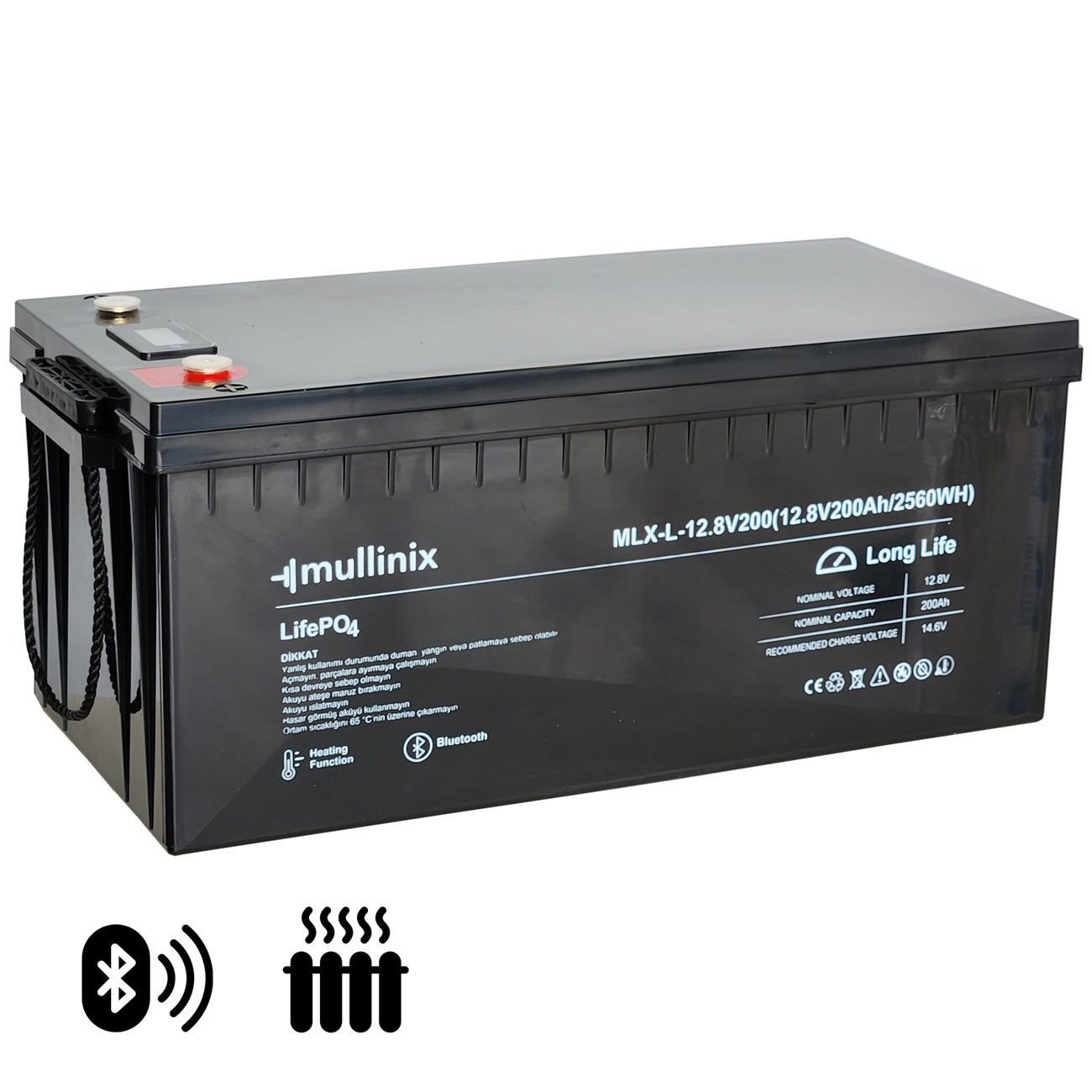 Mullinix 12V 200Ah LiFePO4 Lityum Akü | LCD Ekran, Bluetooth ve Isıtma Fonksiyonlu